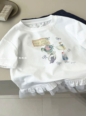潮牌花边短袖纯女生版T恤套头女童2026夏装新细节感满满亲子韩版