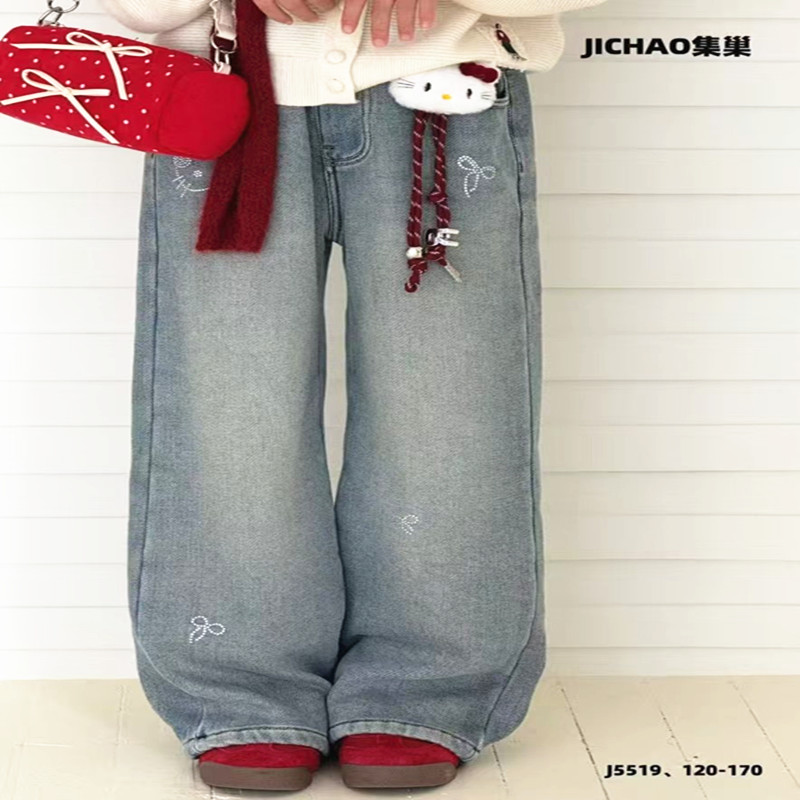 KT贴贴一体绒牛仔裤女童2025冬款新款儿童大童可爱亲子韩直筒洋气