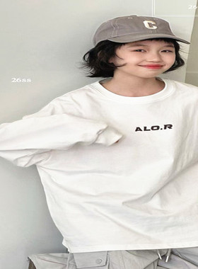 韩国童装潮牌ALO长袖白色收口袖T恤男女童2026春装大童亲子打底韩