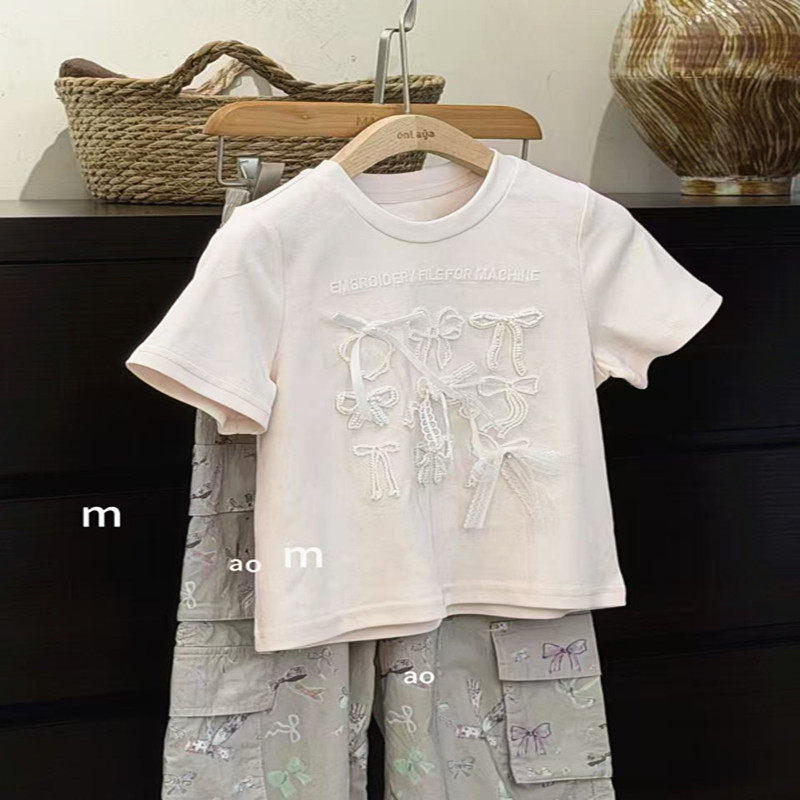 潮牌粉色蝴蝶结T搭配花裤套装女童2026夏装新款大童精致女生韩版