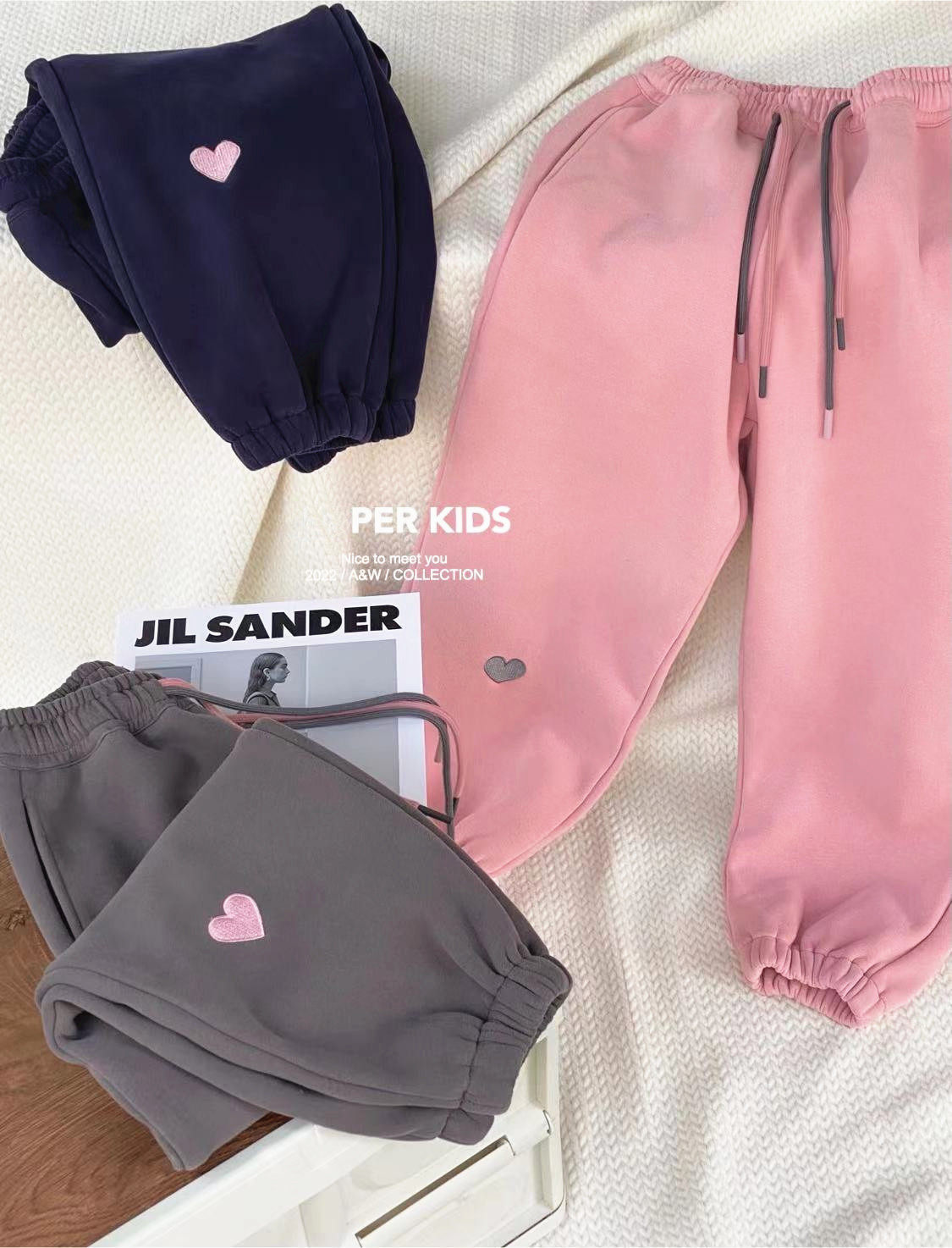 韩版童装儿童潮JP可爱爱心三色针织加厚绒裤25冬女宝中大童运动裤