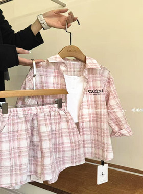 hellokitty白下摆花边背心格子防晒短裤三件式套装女大童2026春夏