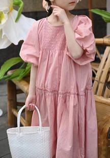 韩国童装LP家粉色显白短袖连衣裙2026夏季洋气女大童百搭小清新裙