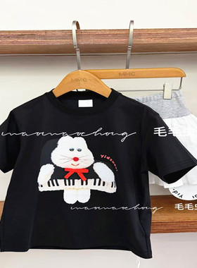 潮牌YD钢琴猫短袖T恤搭配蕾丝长裙女童2026夏装大童洋气套装韩新