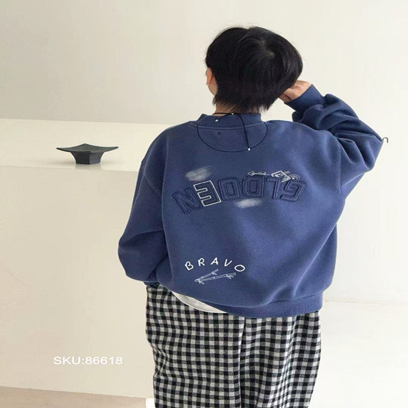 潮牌Bu两色圆领加绒卫衣男女童2025冬装新款大童洋气街舞套头衫韩