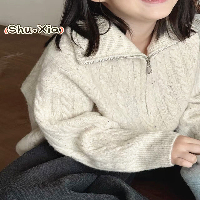 潮HUXI半拉链毛衣两色男女童2025冬款儿童大童有调性亲子百搭打底