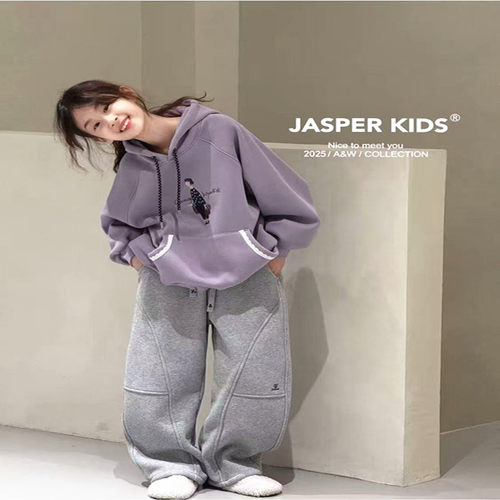 潮牌J家两色一体绒针织帽衫女童2025冬装新款儿童大童洋气时尚韩