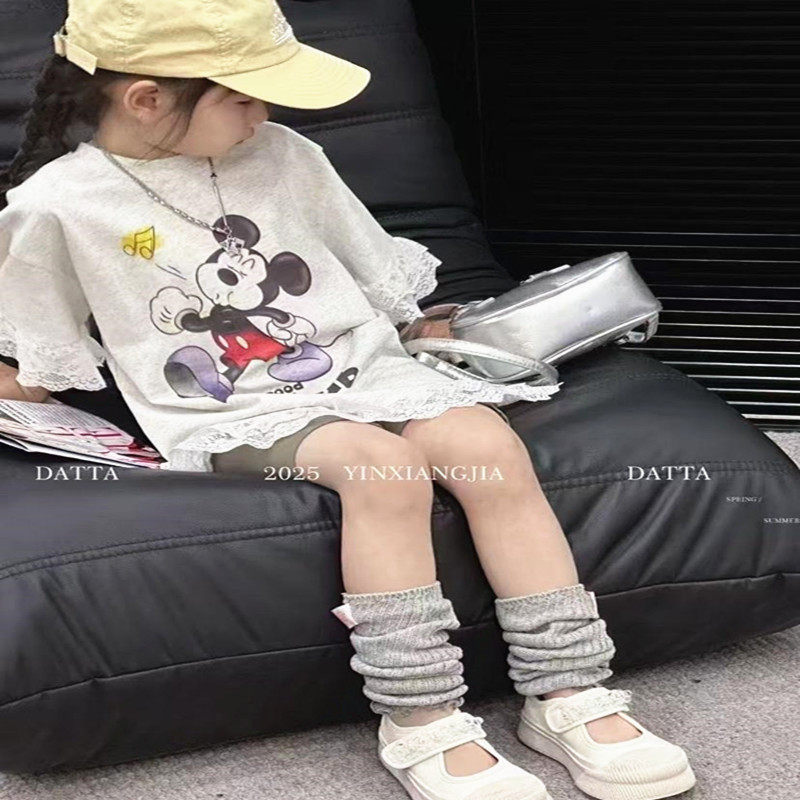 韩国童装女童DT家2025夏新卡通米奇蕾丝花边短袖T恤衫可亲子半袖