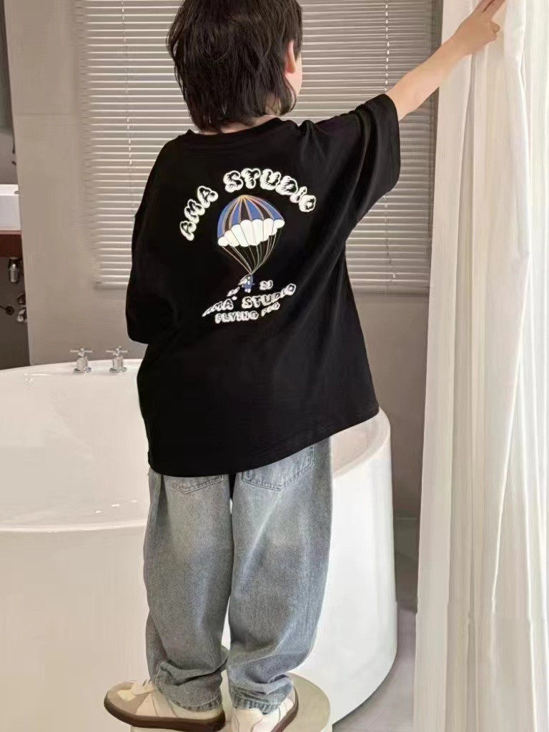 韩国童装韩版黑白两色降落伞圆领短袖T2025夏季洋气男女大童上衣