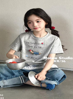 潮牌灰色小狗可爱短袖细节满满T恤女童2026夏装新大童亲子气质韩