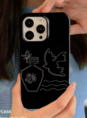 适用iPhone16promax苹果17小米17pro新款mate80华为p70荣耀200菲林nova15手机壳vivox300黑色飞鸟~oppofindx9