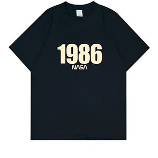 美式复古百搭1986印花短袖T恤男女打底衫夏季休闲黑上衣宽松百搭