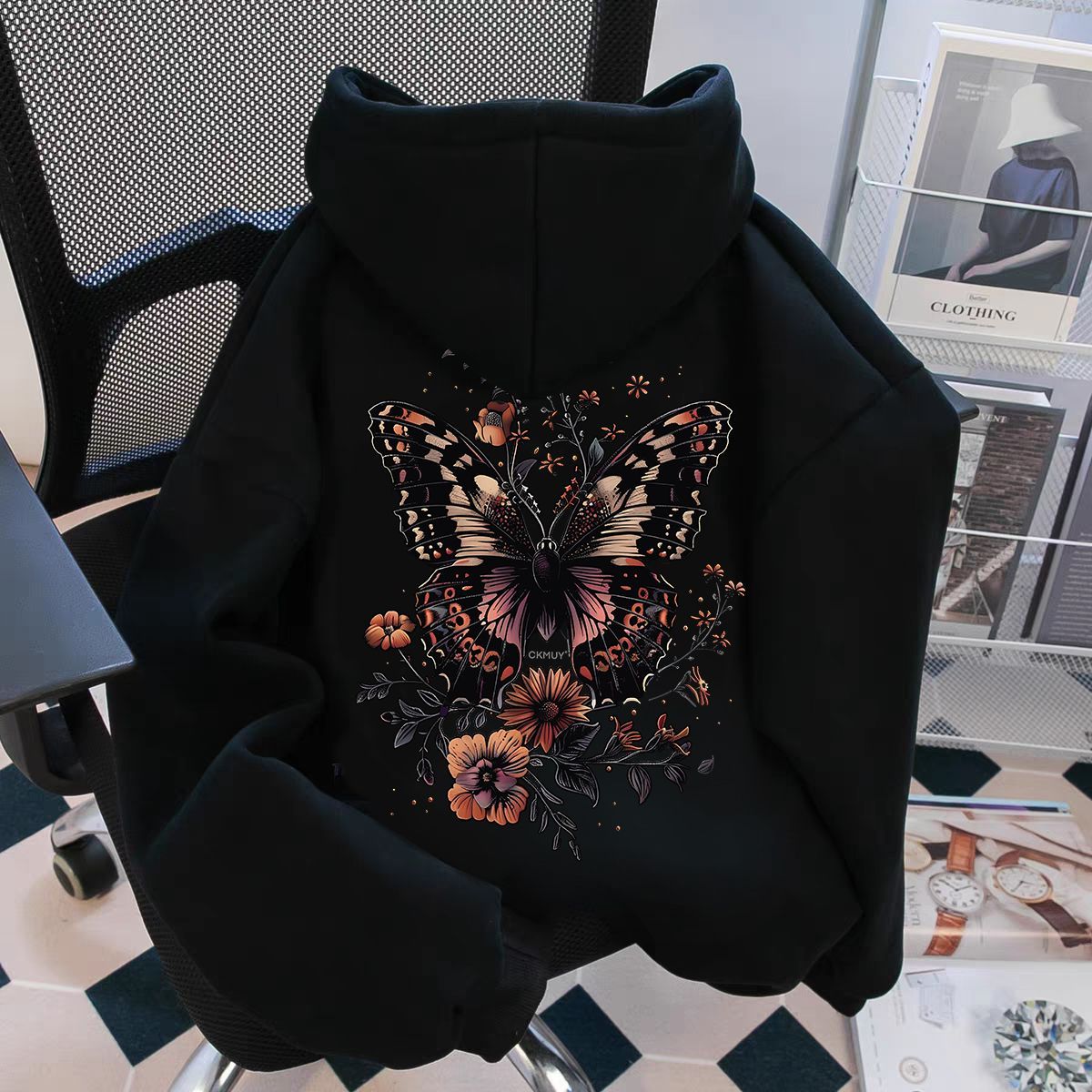 国潮中式花卉蝴蝶连帽卫衣