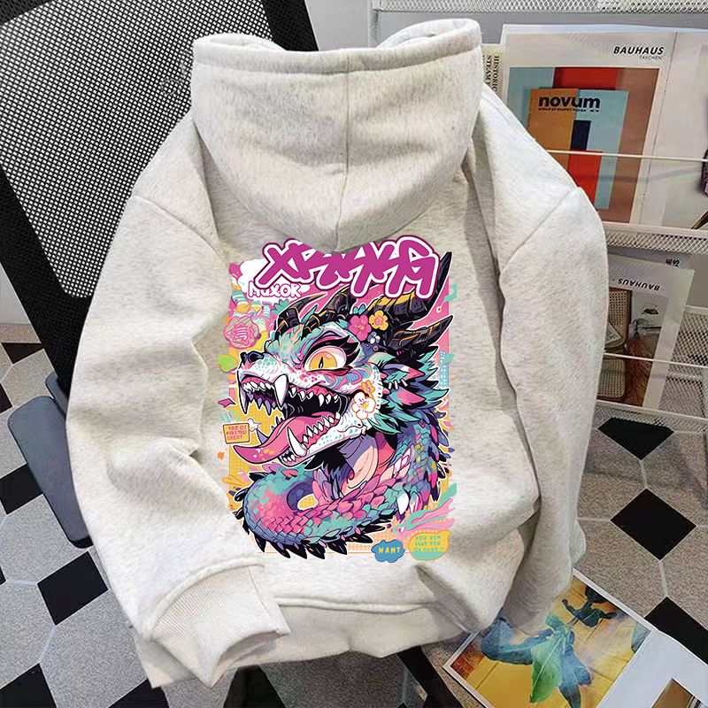 国潮龙印花加绒连帽卫衣秋冬