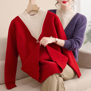 春秋半高领内搭打底小衫 中年妈妈冬装 洋气针织毛衣加绒中老年女装