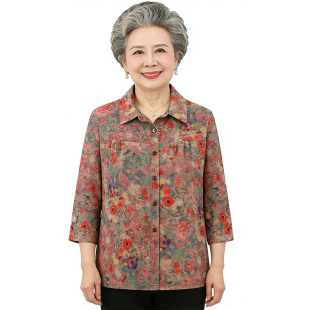 老年人春装衬衫女奶奶春夏装七分袖衬衣开衫老太太60岁薄款上衣服