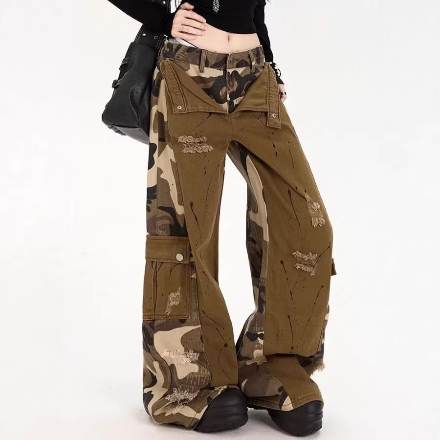 大码假两件拼接牛仔裤女秋迷彩工装甜酷个性潮流辣妹阔腿拖地裤子