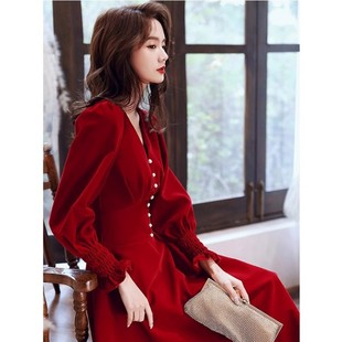 敬酒服新娘结婚便装 2023年秋冬回门订婚礼服穿搭红色丝绒连衣裙子