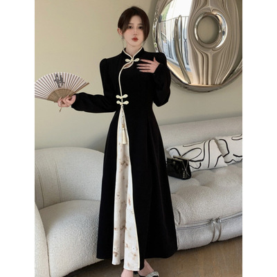 春秋新中式国风复古改良旗袍裙子女装大码胖mm显瘦长袖高腰连衣裙