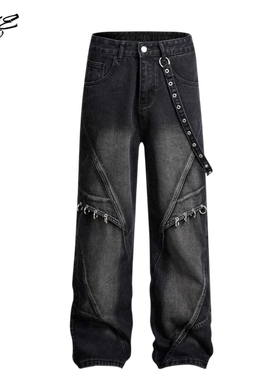 SKEER潮牛仔裤美式高街男女同款设计感痞帅街头显瘦宽松直筒长裤