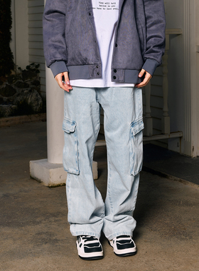 YORAINBOW潮多口袋工装牛仔裤男款美式高街宽松直筒裤女2025新款