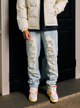 YORAINBOW 潮牌美式高街复古水洗做旧补丁破洞牛仔裤男女显瘦宽松