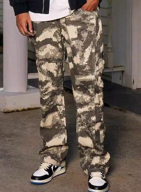 YORAINBOW美式迷彩微喇牛仔裤女2025新款直筒裤子潮牌痞帅炸街男