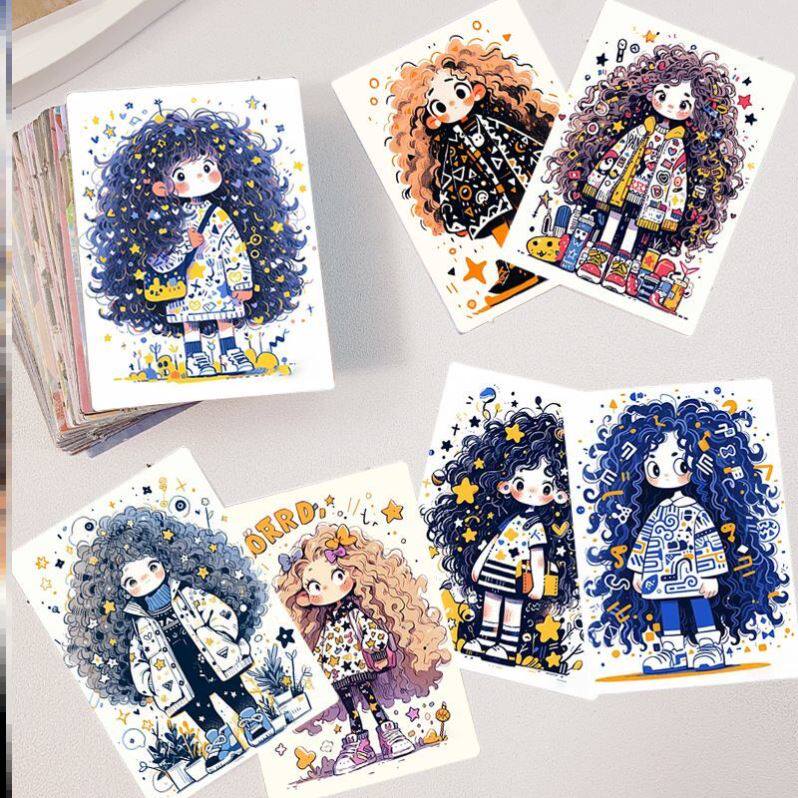 128张涂鸦卷发女孩贴纸创意艺术可爱简笔画diy装饰手账手机壳贴画