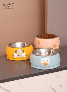 可爱风防打翻猫粮不锈钢饭盆摆件