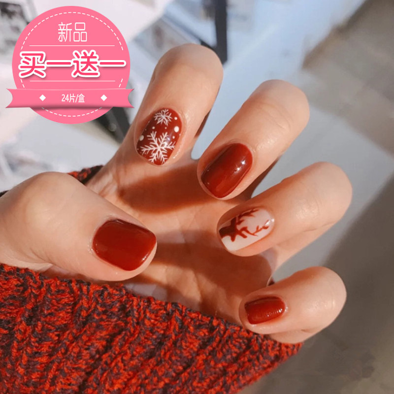 假指甲贴片可拆卸美甲成品穿戴式雪花麋鹿持久圣诞网红短款甲片女