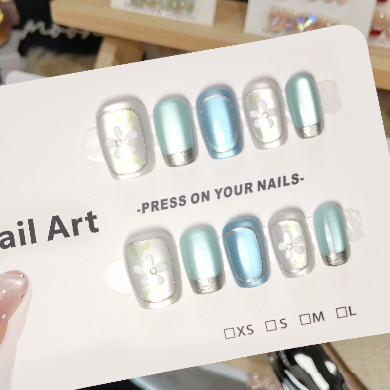 手工儿童美甲穿戴甲高级感中长款绿色茶花猫眼指甲贴片2026年新款,彩妆/香水/美妆工具,美甲工具,淘宝优惠券,粉丝福利购,淘宝优惠卷