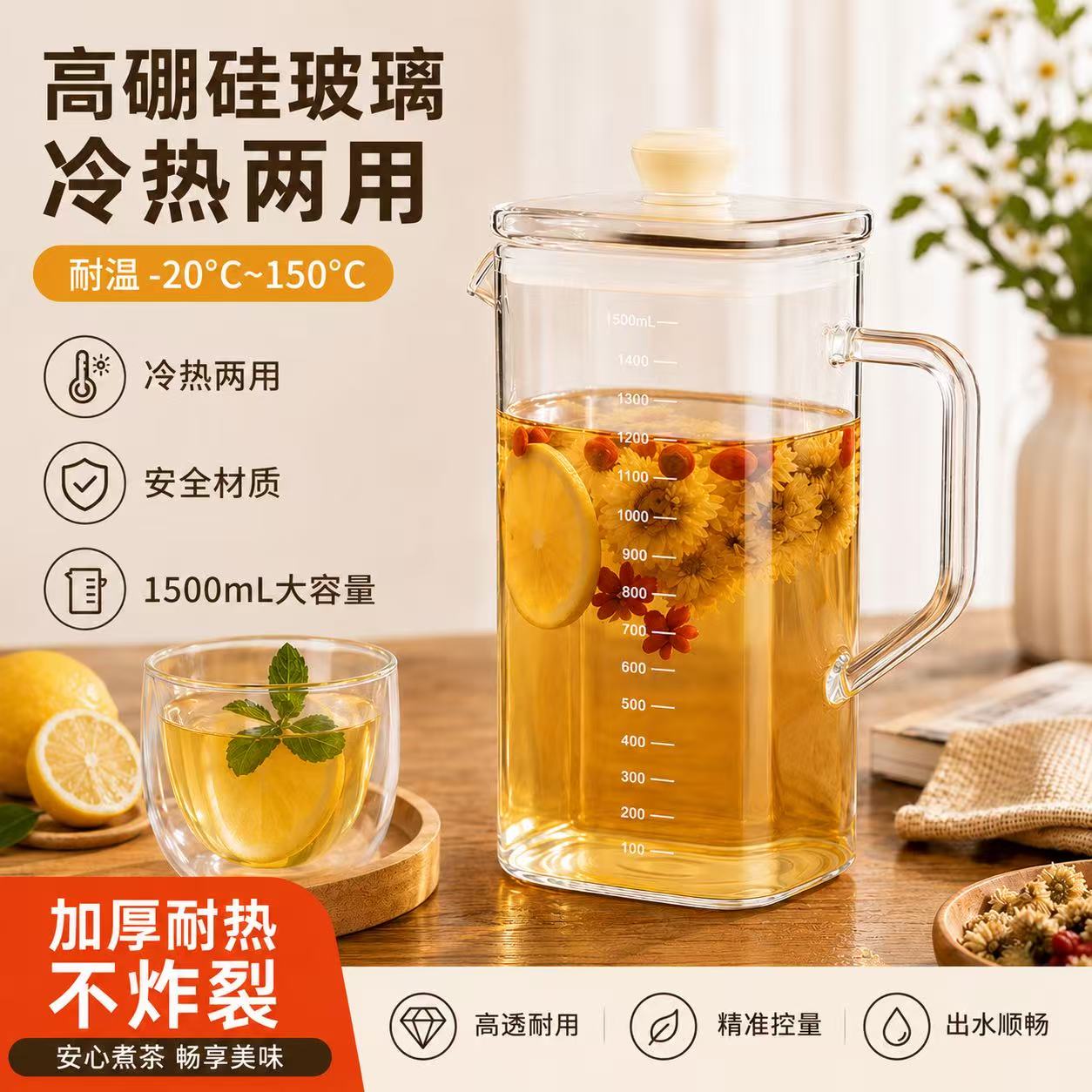 无铅高硼硅方形刻度凉水壶