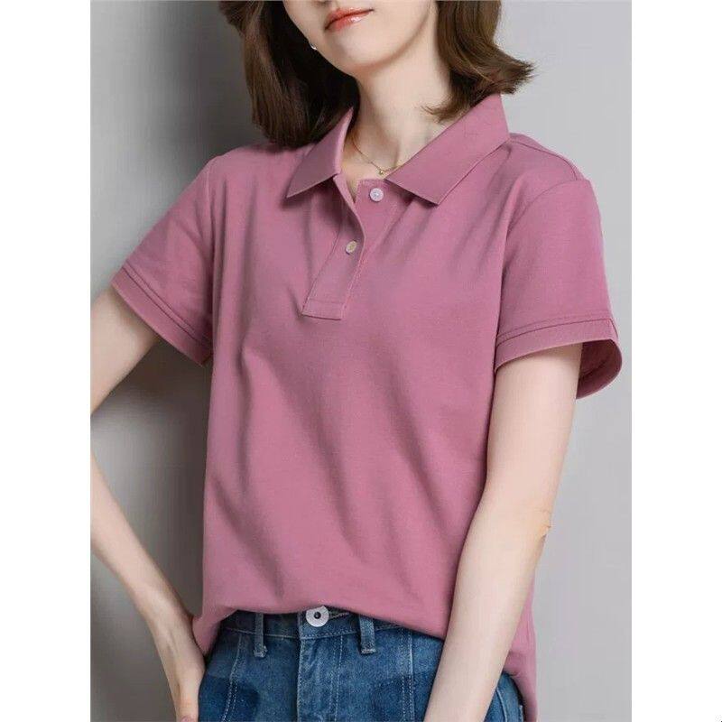 纯棉翻领t恤女印logo工作服polo衫宽松大码上衣夏季短袖工衣