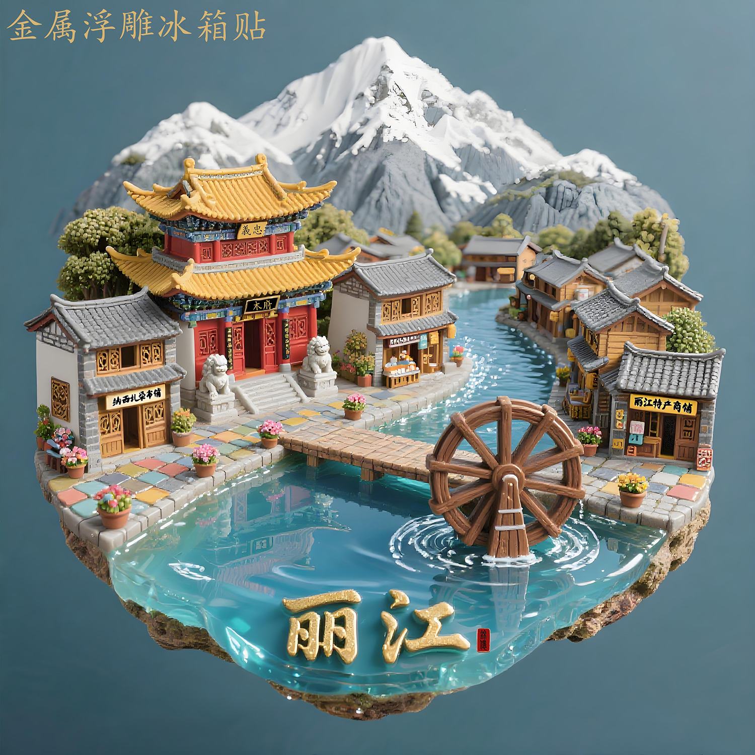 丽江古城金属浮雕冰箱贴