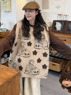 宽松背心复古猫咪时尚女士大码女装马甲好看减龄针织马甲百搭