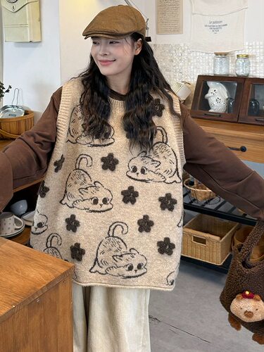 宽松背心复古猫咪时尚女士大码女装马甲好看减龄针织马甲百搭