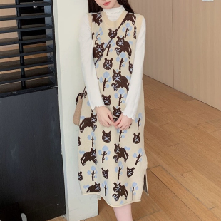 大码女秋冬季长款毛衣裙胖mm显瘦针织猫马甲背心连衣裙叠穿马甲裙