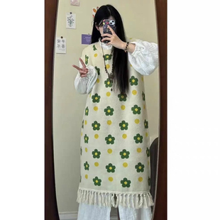 大码法式复古甜美连衣裙女秋季设计感流苏背心裙胖MM遮肚显瘦裙子