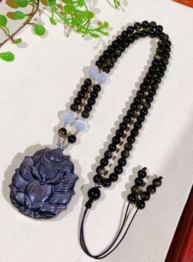 天然银曜石雕刻九尾狐毛衣链