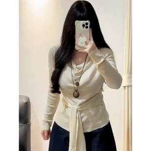 T恤女秋冬胖mm绑带收腰显瘦打底衫 韩系荡领杏色长袖 上衣 女装 大码