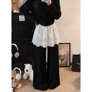 时尚 新款 叠穿显瘦遮胯半身裙 胖妹妹韩系蕾丝下摆屁帘女秋冬季 大码