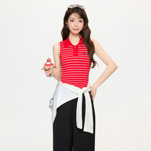 红色条POLO领领修身刺绣无袖针织背心2026夏季新款美背短款上衣女