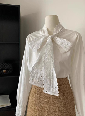 新款春秋季法式温柔花边白色衬衫上衣百搭设计别致洋气蝴蝶结