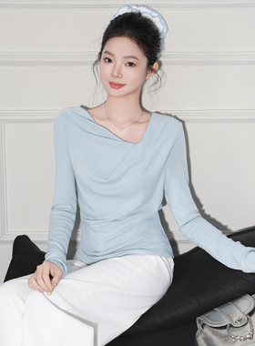 韩系浅蓝色斜肩长袖t恤女秋装荡领羊绒打底衫高级感内搭