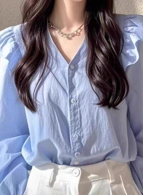 流行的漂亮小衫轻奢上衣法式小众绝美蓝色长袖衬衫女新款荷叶边