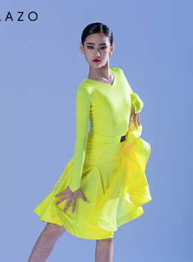 茜卡索 拉丁舞服女童专业比赛服装长袖桃心领赛服儿童规定服G7075