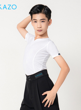 茜卡索 男童拉丁舞服夏季舞蹈练功服上衣短袖男孩V领训练T恤G5119