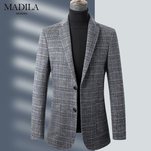 桑蚕丝羊毛西服男士商务休闲毛呢西装韩版修身羊绒千鸟格呢子外套