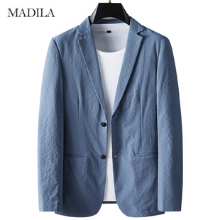 2026年春秋季薄款休闲西服男纯色小西装泡泡纱防晒衣抗皱单西外套