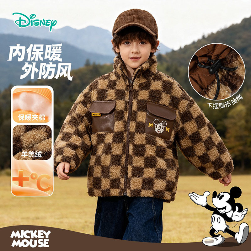 迪士尼童装男童羊羔绒保暖棉服男宝加绒夹棉外套冬装新款儿童衣服